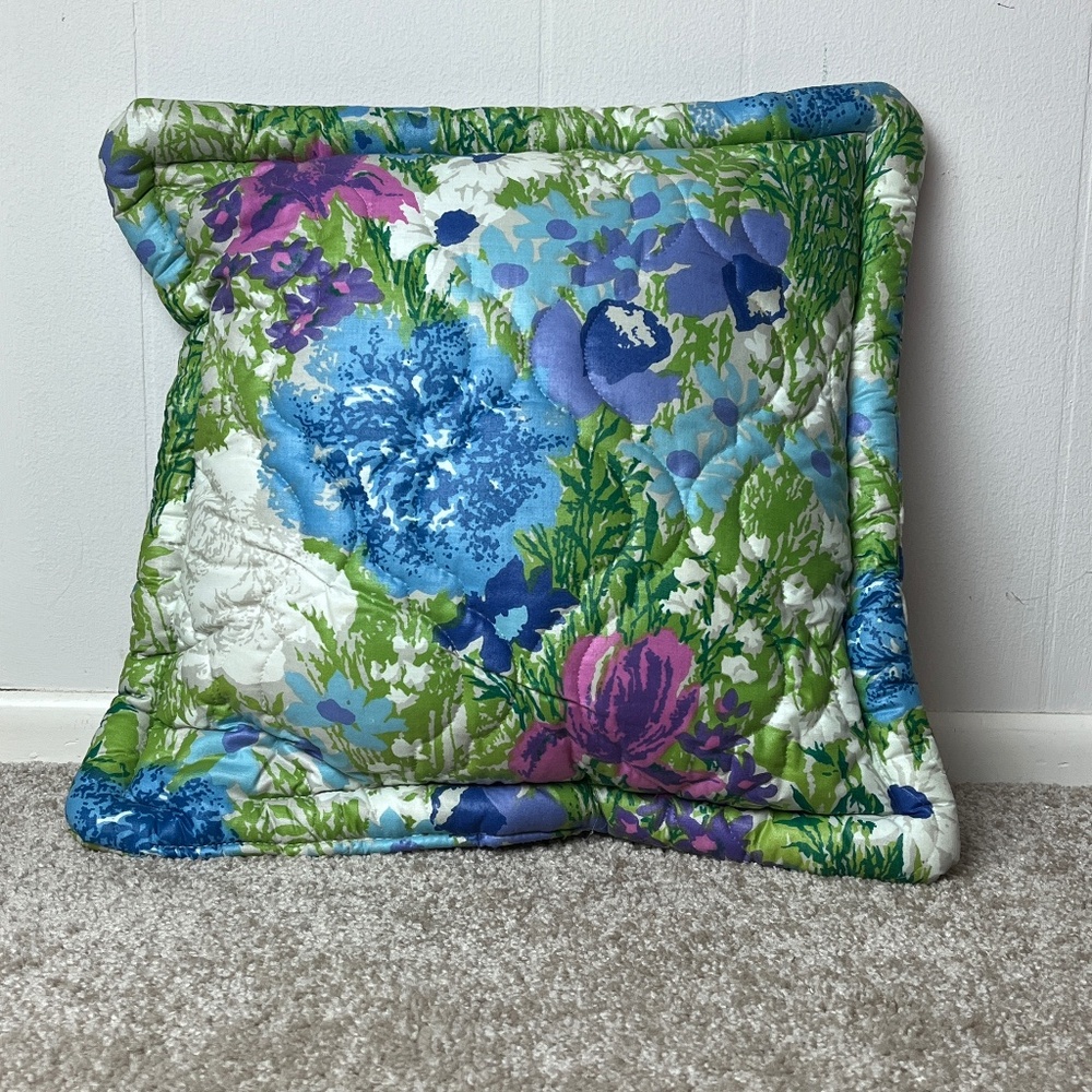 Vintage Colorful Floral Quilted Pillow Handmade Green Blue Purple Gray White 16"